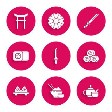 Japon katanası, çubuklu pirinç, çay seremonisi, suşi, kesme tahtası, geleneksel ve kapı simgesi. Vektör