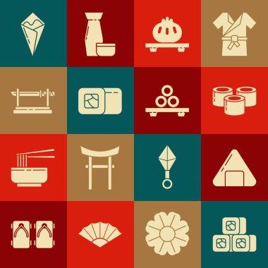 Suşi, hamur köftesi, geleneksel Japon katanası, Temaki dürümü ve ikon. Vektör