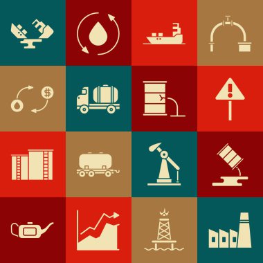 Petrol fabrikası binası, fıçı yağı sızıntısı, ünlem işareti üçgeni, tanker gemisi, tanker kamyonu, takas, enkaz ve simge. Vektör
