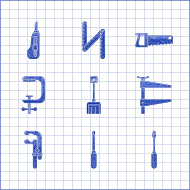 Kar küreği, tornavida, klemp aleti, vida, el testeresi ve kırtasiye bıçağı ikonu hazırla. Vektör