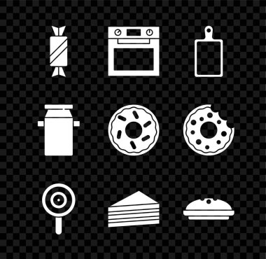 Şeker, fırın, kesme tahtası, lolipop, pasta, ev yapımı turta, süt ve çörek ikonu. Vektör