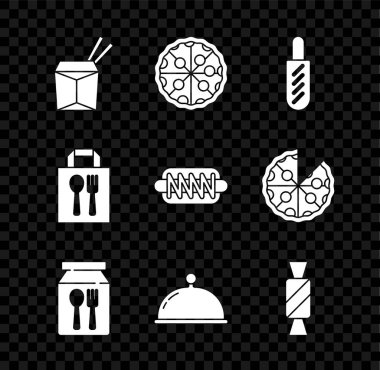 Asya eriştesi, yemek çubuğu, pizza, Hotdog sandviçi, internetten sipariş verme tepsisi, şeker ve ikonla kaplı. Vektör