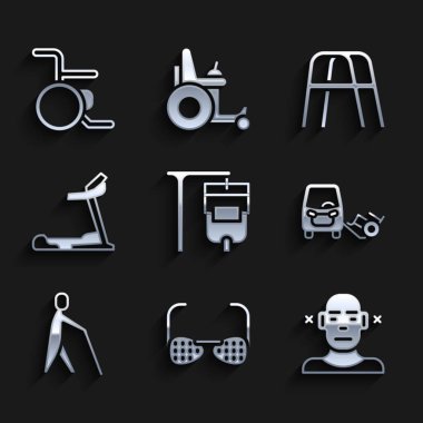 Serum torbasını, kör gözlükleri, sağırları, engelli arabalarını, insan tutma çubuğunu, koşu bandı makinesini, Walker ve tekerlekli sandalye ikonunu hazırla. Vektör