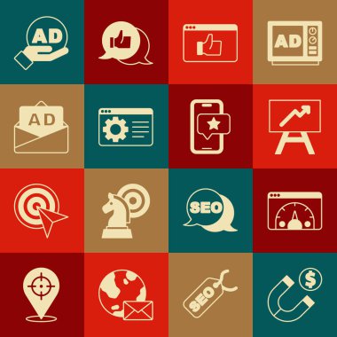 Magnet 'i parayla, web sitesi istatistiğiyle, yönetim kurulu grafik tablosuyla, müşteri ürün değerlendirmesiyle, tarayıcı ayarlarıyla, reklamcılıkla ve mobil inceleme simgesiyle ayarla. Vektör