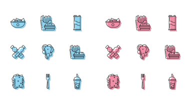 Çizgili sandviç, çatal, tabakta nachos, pipetli bir bardak limonata Burger patates kızartması karton kutu, şişe suyu ve ikon karışımı. Vektör