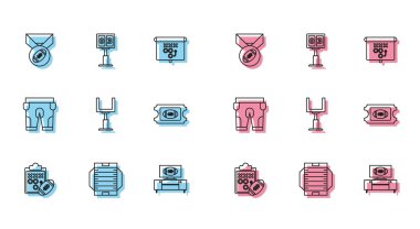 Set çizgisi planlama stratejisi, Amerikan futbol sahası, madalya, televizyon programı ve standı olan futbol, kale direği, bilet, şort ve spor mekanik skorbord sonuç ikonu. Vektör