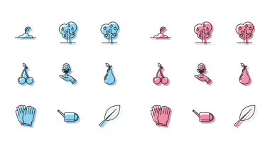 Bahçe eldivenleri, su kovası, yaprak, çiçek tozu, armut, kiraz ve armut ikonlu ağaç. Vektör