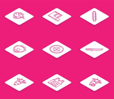 Kalkanda uçan ördek, avcı botları, fişekli av kemeri, Ayı kafası, atış müsabakası, bıçak, geyik boynuzu ve ceket ikonu için hedef sporu. Vektör