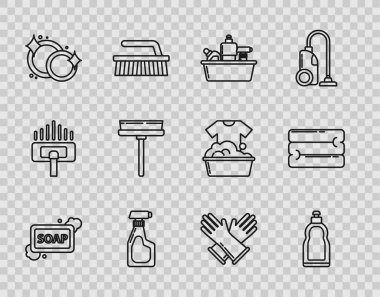 Köpüklü bir kalıp sabun, sıvı bulaşık deterjanı için plastik şişeler, sprey deterjan, bulaşık deterjanı, silecek, plastik eldiven ve havlu yığını ikonu. Vektör