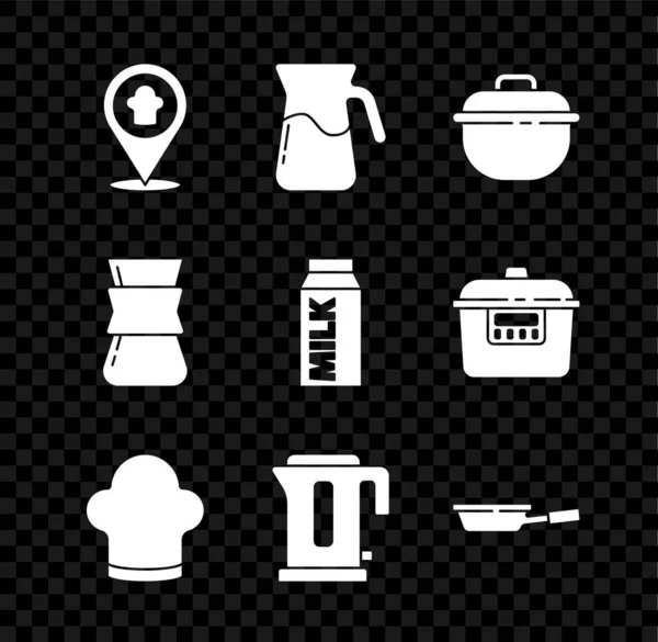 采购产品设置厨师帽与位置 酒壶玻璃水 烹饪壶 电水壶 咖啡土耳其和纸包牛奶图标 — 图库矢量图片