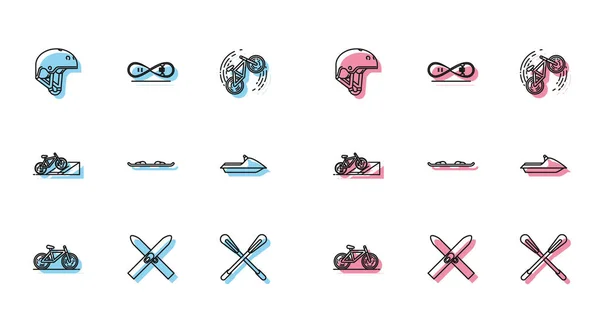 Set line Bicycle, Ski and sticks, Helmet, Crossed paddle, Snowboard, Jet ski, on street ramp and Skateboard trick icon. Vector