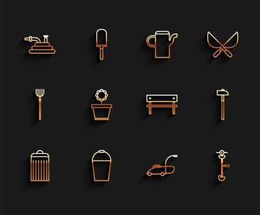 Çöp tenekesi, kova, bahçe hortumu ya da yangın hortumu, çim biçme makinesi, çim biçme makinesi, elektrikli tel biçme makinesi, çiçek saksısı, çekiç ve Bench ikonu. Vektör