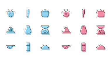 Mutfak süzgeci, buzdolabı, önlük, tepsi dolusu yiyecek, tuz biberi, pullar, meyve sıkacağı ve ekmek bıçağı ikonu ile kaplanmış. Vektör