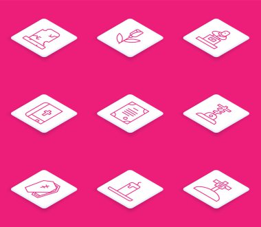 Mezar taşlı eski mezar, çiçek gülü, mezar taşı, kutsal kitap, ölüm sertifikası, haç, tabut ve yanan mum ikonu. Vektör