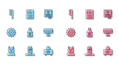 Çizgi kedi, tırmalama direği, köpek ve kedi için saç fırçası, evcil hayvan ilk yardım çantası, köpek ilacı şişesi, yakalı yaka, tenis topu ve Bakım Salonu fiyat listesi ikonu. Vektör