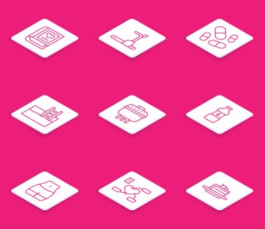 Set hattı tıp kitabı, koşu bandı, vitamin hapı, merdivenli yüzme havuzu, yemek pişirme kabı, bir şişe su, kadının beli ve kalp ikonu. Vektör