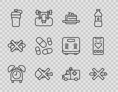 Alarm saatini, sigara, pasta, et, fitness karıştırıcı, vitamin hapı, ambulans ve acil durum arabası ayarlayın ve kalp atış hızı ikonlu mobil. Vektör