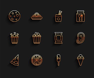 Pizza, pizza, bisküvi, dondurma, gözleme küvisi, patlamış mısır kutusu, biftek ve patates cipsi ikonu. Vektör