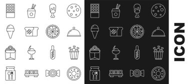 Donut, paket kutusundaki tavuk budu tepsi, kızarmış ekmek, dondurma külahı, çikolata ve pizza ikonu ile kaplı. Vektör