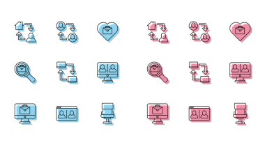 Çevrimiçi çalışma, görüntülü sohbet konferansı, ofis koltuğu evrak çantalı büyüteç ve Proje ekibi ikonu. Vektör