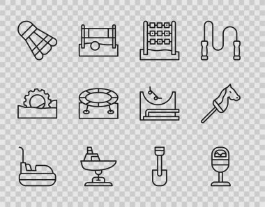 Hattı ayarla, çarpışma arabası, çöp tenekesi, tik tak parmak oyunu, salıncak teknesi, Badminton mekik horozu, trambolin atlama, kürek oyuncağı ve oyuncak at ikonu. Vektör