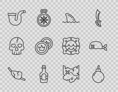 Korsan göz bandı, patlamaya hazır bomba, okyanus dalgasında köpek balığı yüzgeci, alkol içeceği rom, tüttürme piposu, para, hazine haritası ve kafa simgesi için bandana. Vektör