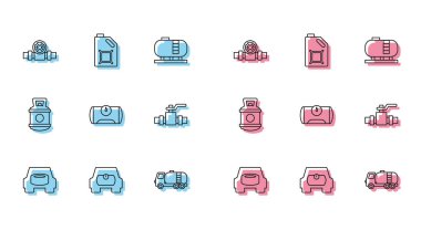 Arabaya yedek tekerlek, araç için benzin deposu, metal borular ve valf, tanker kamyonu, propan gazı ve teneke motor yağı ikonu yerleştirin. Vektör