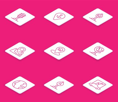 Hat ışığı, çapalı konum, trafik tabelası katlanmış harita konum işareti, ev, dünya küresi ve geri dönüş ikonu. Vektör