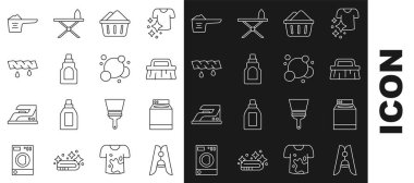 İpte iğne, çamaşır makinesi, temizlik fırçası, sabun köpüklü leğen, şişe suyu, sıkma giysileri, sabun tozu ve sabun köpüğü ikonu. Vektör