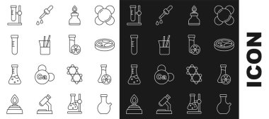 Çizgi test tüpünü zehirli sıvı, petri kabı bakterisi, alkol veya ruh yakıcı, laboratuvar camı, matara ve ikon ile ayarla. Vektör