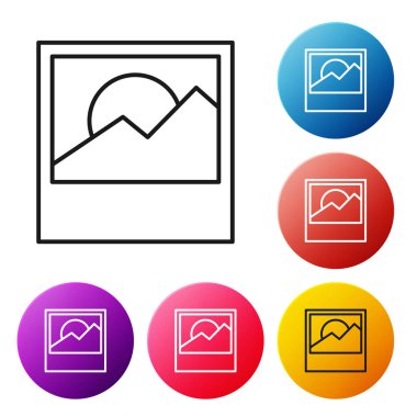 Beyaz arkaplanda siyah çizgi fotoğraf simgesi izole edildi. Renkli daire düğmelerini ayarlayın. Vektör.