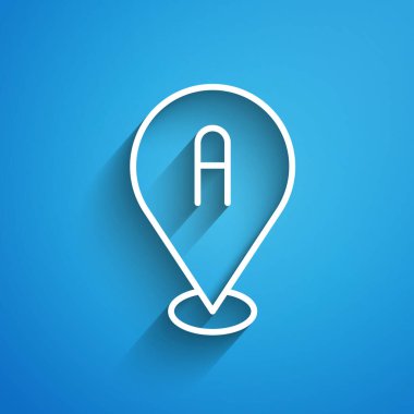 Mavi arkaplanda beyaz çizgi haritası simgesi izole edildi. Navigasyon, işaret, konum, harita, GPS, yön, yer, pusula, arama konsepti. Uzun gölge. Vektör.