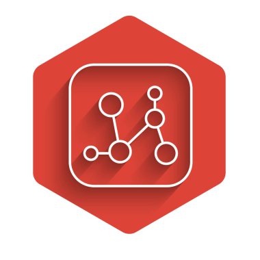 Beyaz çizgi kimyasal formül ikonu uzun gölgeli izole edilmiş. Yenilikçi tıp, sağlık, araştırma ve bilim için soyut altıgen. Kırmızı altıgen düğmesi. Vektör.