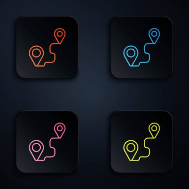 Renkli neon hattı rota simgesi siyah arkaplanda izole edildi. Harita işaretçisi işareti. Yol ya da yol kavramı. GPS navigatörü. Kare düğmelere simgeleri yerleştir. Vektör