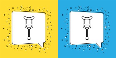 Sarı ve mavi arkaplanda izole edilmiş koltuk değnekleri veya koltuk değnekleri simgesini ayarla. Kas iskeleti hastalığı olan insanların rehabilitasyonu için gerekli ekipman. Vektör