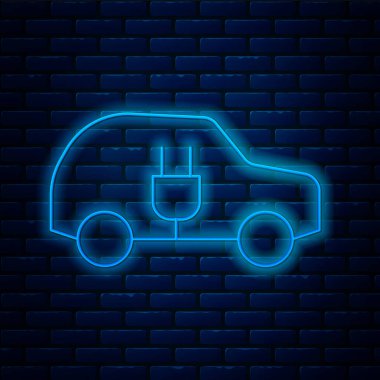 Parlak neon hattı elektrikli araba ve elektrik kablosu şarj ikonu tuğla duvar arka planında izole edilmiş. Yenilenebilir ekolojik teknolojiler. Vektör