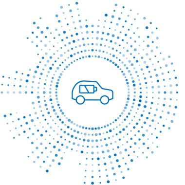 Mavi hat elektrikli araba ve elektrik kablosu şarj ikonu beyaz arka planda izole edildi. Yenilenebilir ekolojik teknolojiler. Soyut çember rastgele noktalar. Vektör