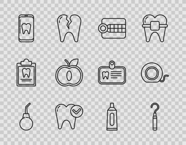 Set line Enema pear, Dental explorer scaler for teeth, Dentures model, Tooth whitening concept, Online dental care, Apple, Tube of toothpaste and floss icon. Vector