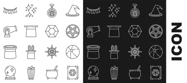 Set Line Αρχαίο Μαγικό Βιβλίο Παραλία Μπάλα Pentagram Κύκλο Unicycle — Διανυσματικό Αρχείο