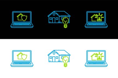 Akıllı ev ve alarma sahip dizüstü bilgisayarı koruma ve akıllı ampul simgesi altına alın. Vektör