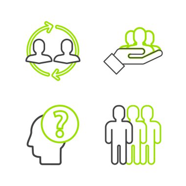 Sıra Kullanıcı Grubu, soru işaretli insan başı, Proje ekibi tabanı ve kaynak simgesi. Vektör