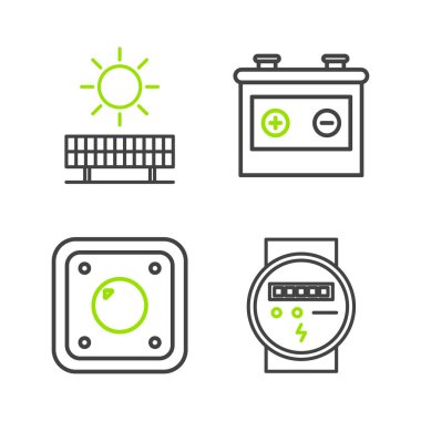 Elektrik sayacı, ışık anahtarı, araba aküsü, güneş enerjisi paneli ve güneş ikonu ayarlayın. Vektör