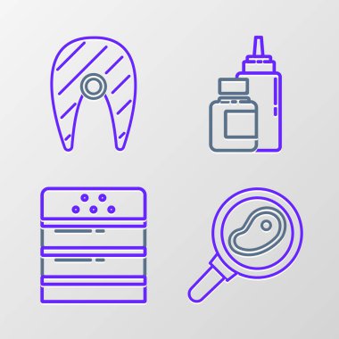 Kızartma tavasında biftek, burger, sos şişesi ve balık bifteği ikonu. Vektör