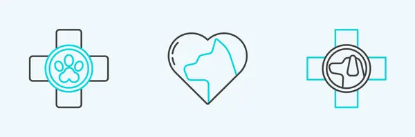 Définir Ligne Symbole Clinique Vétérinaire Coeur Avec Icône Chat Vecteur — Image vectorielle