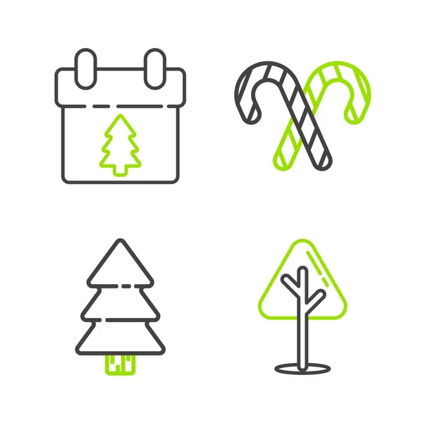 Set Linie Weihnachtsbaum Zuckerrohr Mit Streifen Und Kalender Symbol Vektor — Stockvektor
