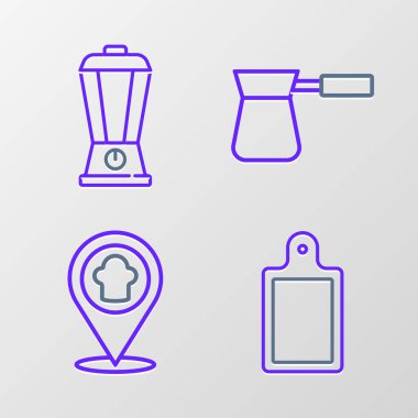 Hat kesme tahtası, konumu olan şef şapkası, Türk kahvesi ve Blender simgesi. Vektör