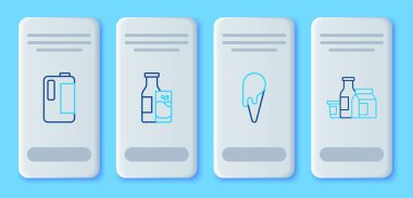 Şişe sütü ve bardak, waffle külahında dondurma, plastik süt şişesi ve ürün ikonu. Vektör