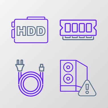 Satır Kutusu Bilgisayarı, Elektrik Fişi, RAM, Rastgele Erişim Belleği ve Sabit Disk Sürücüsü simgesi ayarla. Vektör