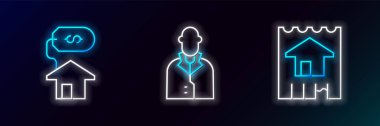 Line House, dolar ve emlakçı ikonu ile. Parlayan neon. Vektör