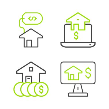 Set line Online emlak, House with dollar ve ikon. Vektör